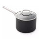 Black saucepan with a silver handle and lid on a white background