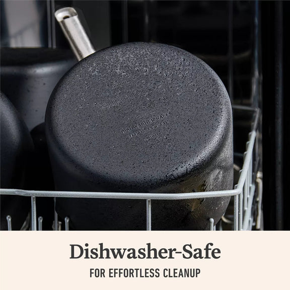 Black Pot in a dishwasher with text 'Dishwasher-Safe for Effortless Cleanup'.