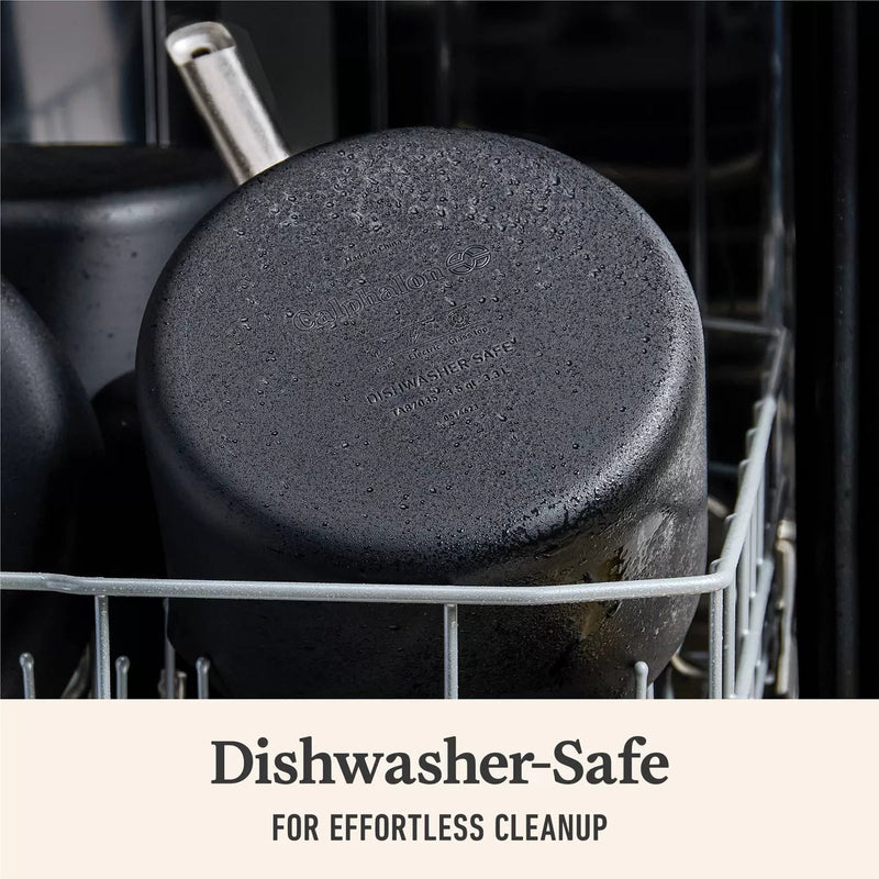 Black Pot in a dishwasher with text 'Dishwasher-Safe for Effortless Cleanup'.