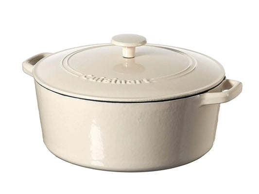 Beige Cuisinart round casserole pot with lid on a white background