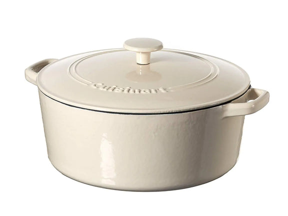 Beige Cuisinart round casserole pot with lid on a white background