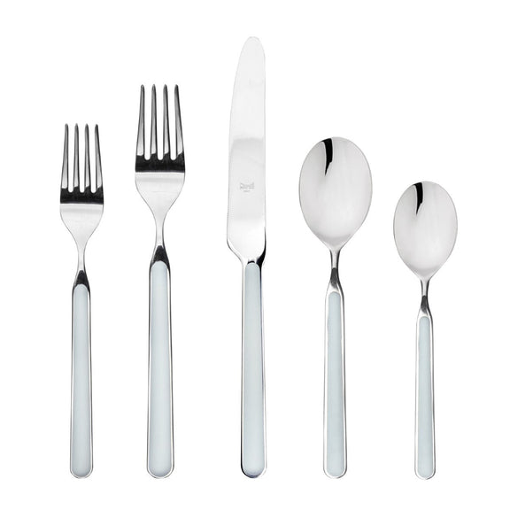 Set of silver cutlery with light blue handles on a white background