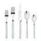 Set of silver cutlery with light blue handles on a white background