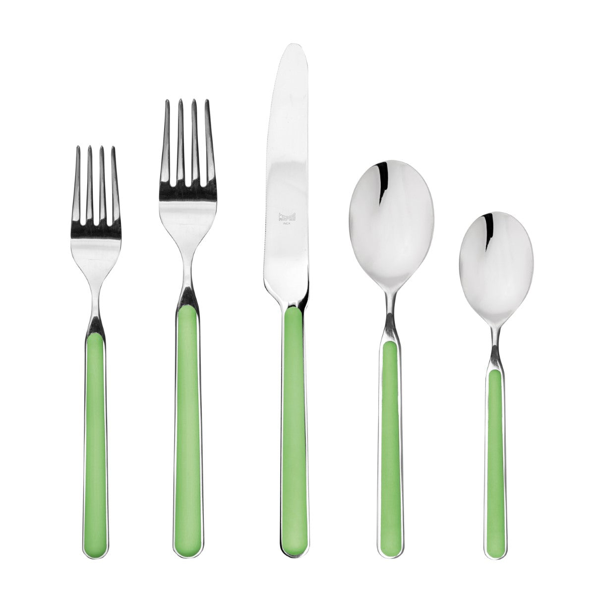 Set of silver cutlery with green handles on a white background