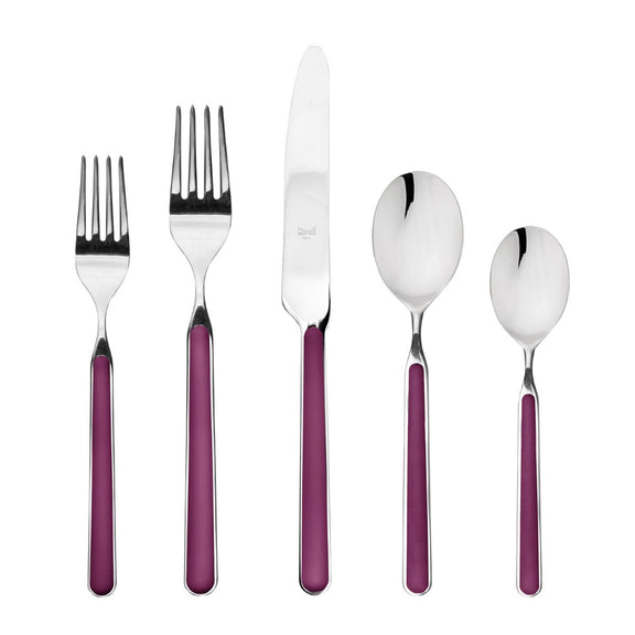 Set of silver cutlery with purple handles on a white background
