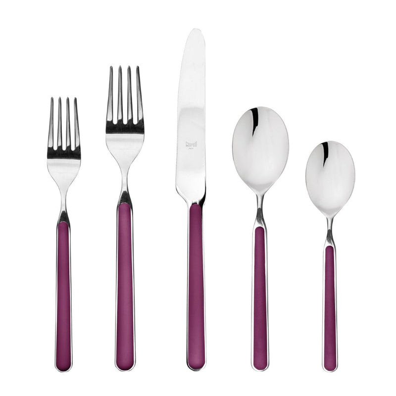 Set of silver cutlery with purple handles on a white background