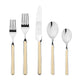 Set of silver cutlery with beige handles on a white background