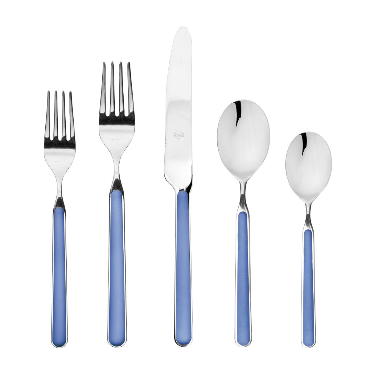 Set of silver cutlery with blue handles on a white background