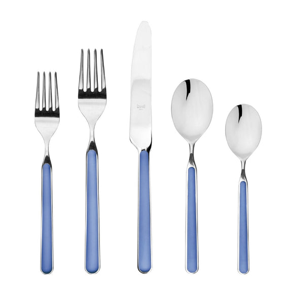 Set of silver cutlery with blue handles on a white background