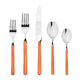 Set of silver cutlery with orange handles on a white background