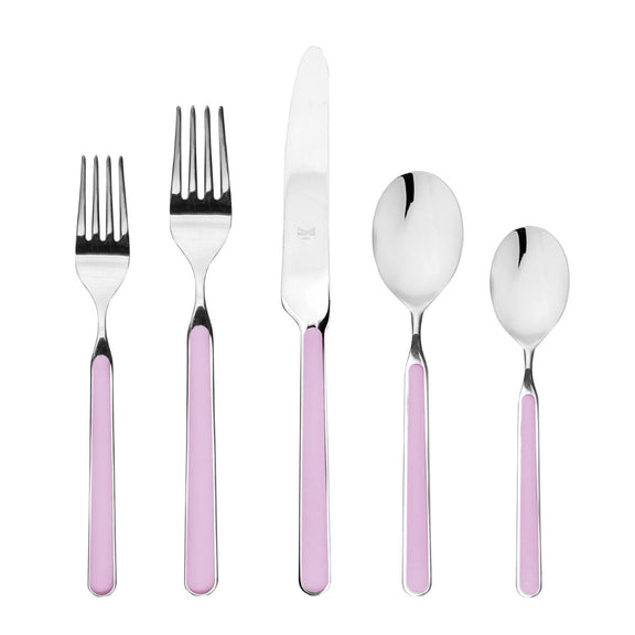 Set of silver cutlery with pink handles on a white background