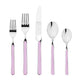 Set of silver cutlery with pink handles on a white background