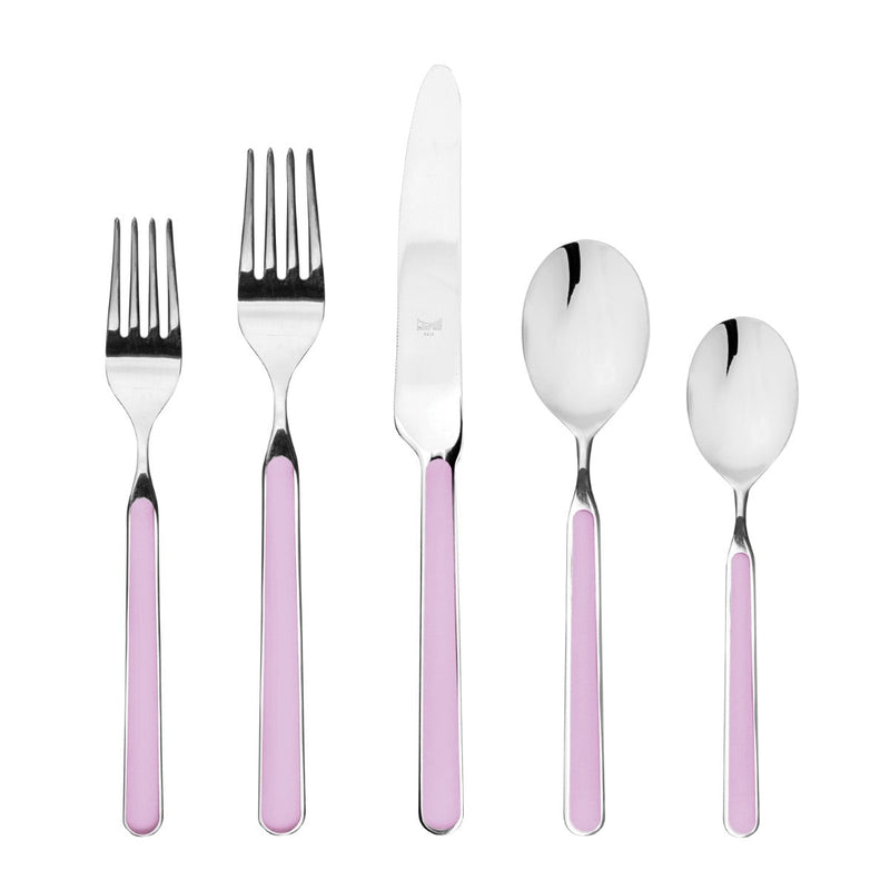 Set of silver cutlery with pink handles on a white background