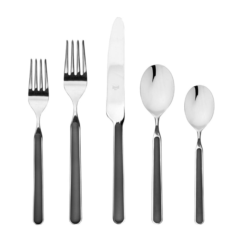 Set of silver cutlery with black handles on a white background