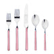 Set of silver cutlery with pink handles on a white background