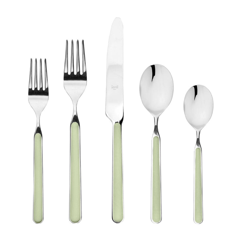 Set of silver cutlery with green handles on a white background