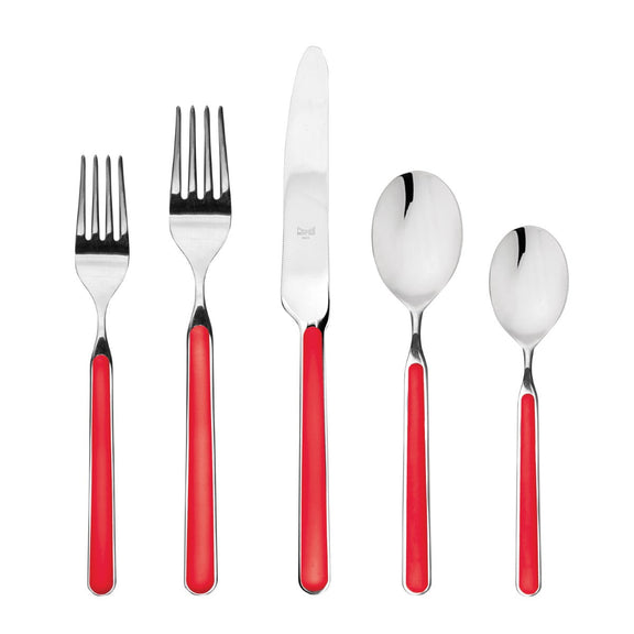 Set of silver cutlery with red handles on a white background