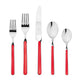 Set of silver cutlery with red handles on a white background
