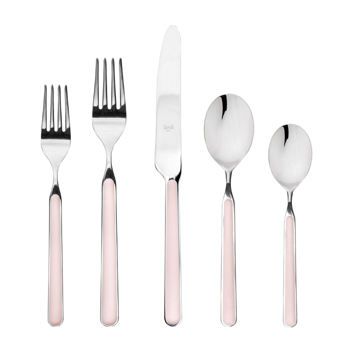 Set of silver cutlery with pink handles on a white background