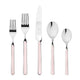 Set of silver cutlery with pink handles on a white background