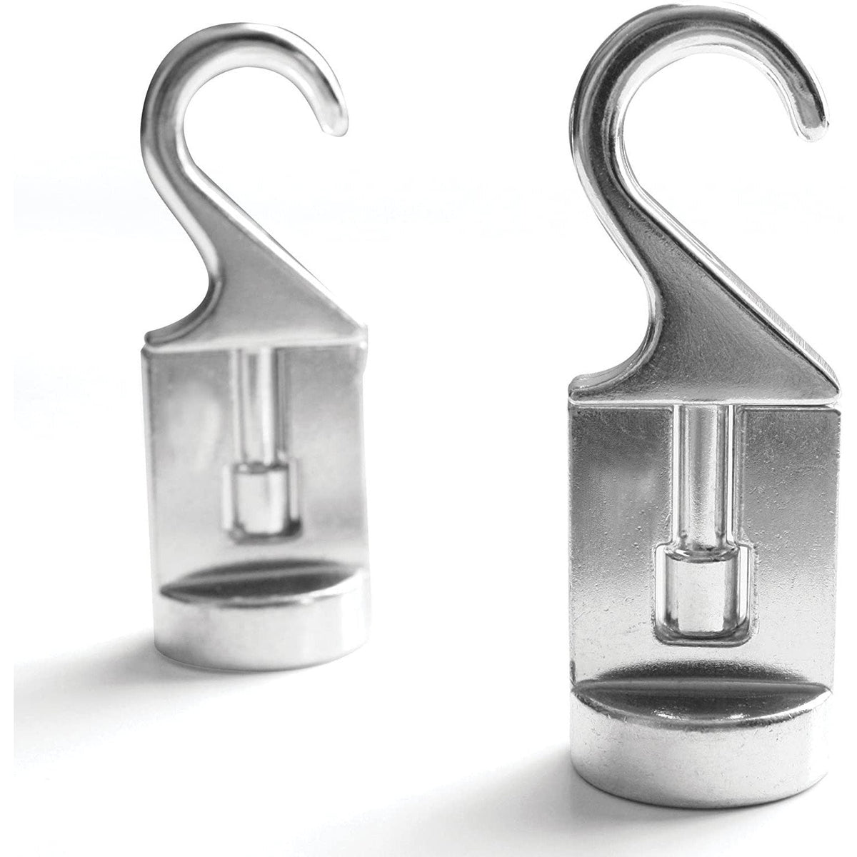 Two metallic hooks with a clear liquid container on a white background