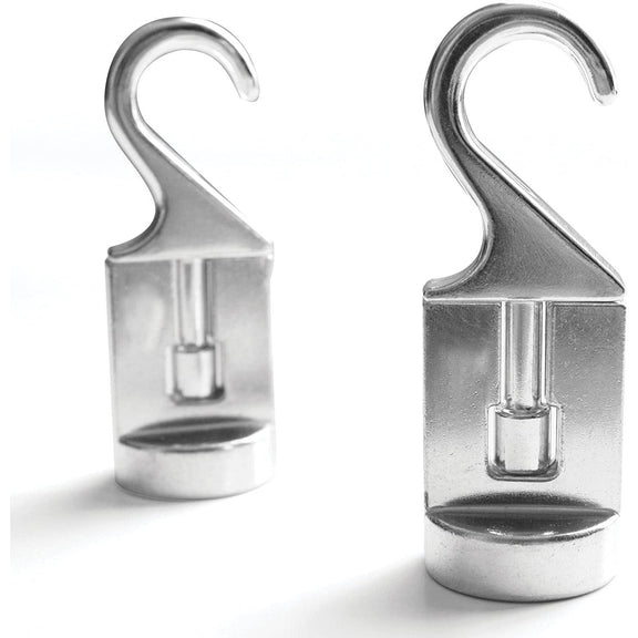 Two metallic hooks with a clear liquid container on a white background
