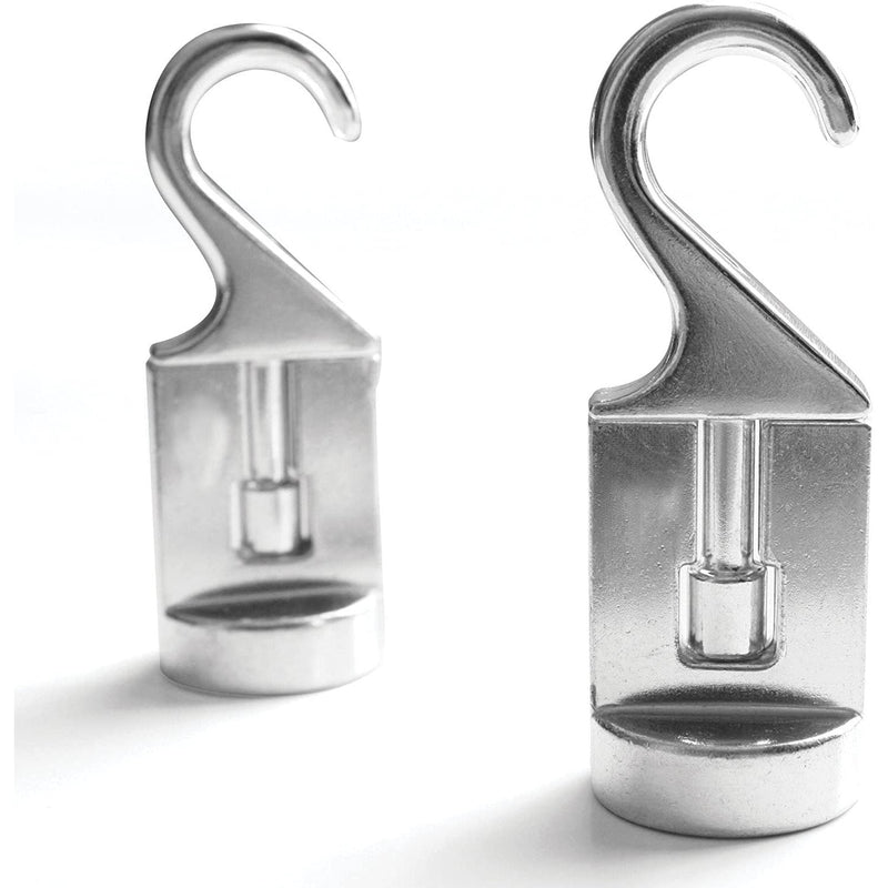 Two metallic hooks with a clear liquid container on a white background