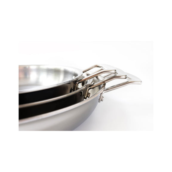 Stainless steel frying pans with handles on a white background