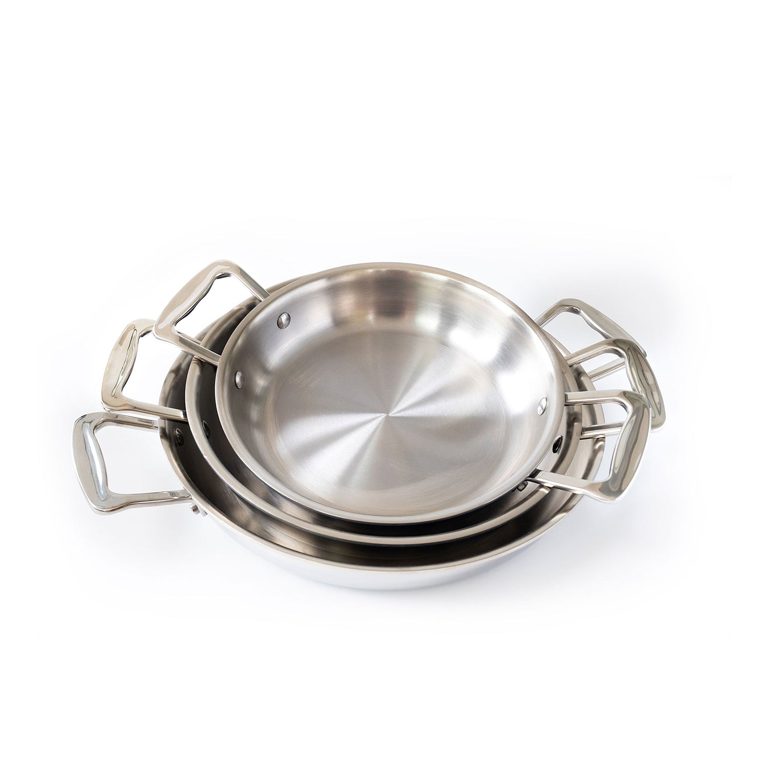 Set of stainless steel cookware on a white background