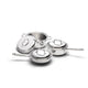 Set of stainless steel cookware on a white background