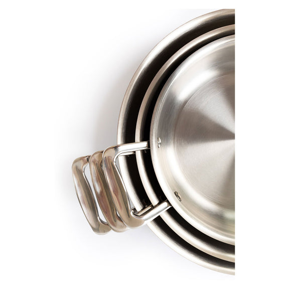 Set of stainless steel cookware with handles on a white background