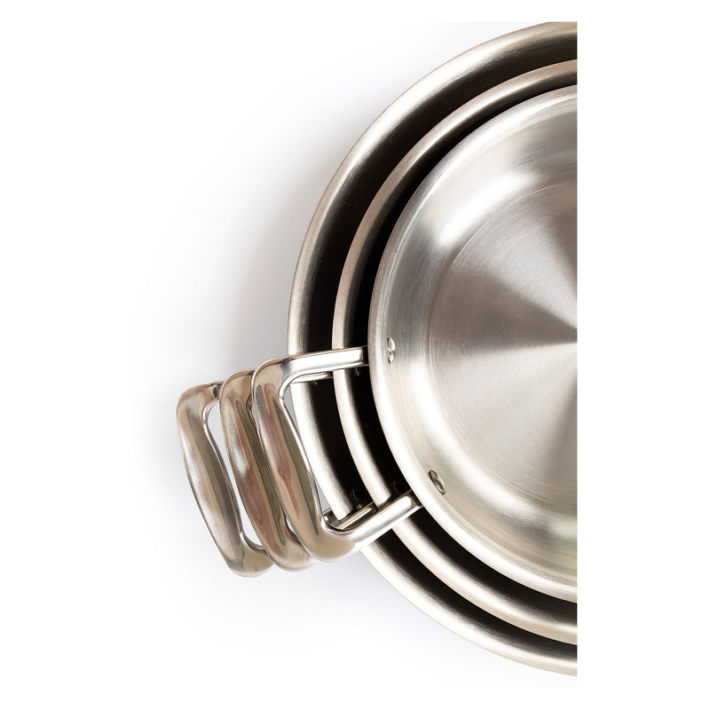 Set of stainless steel cookware with handles on a white background