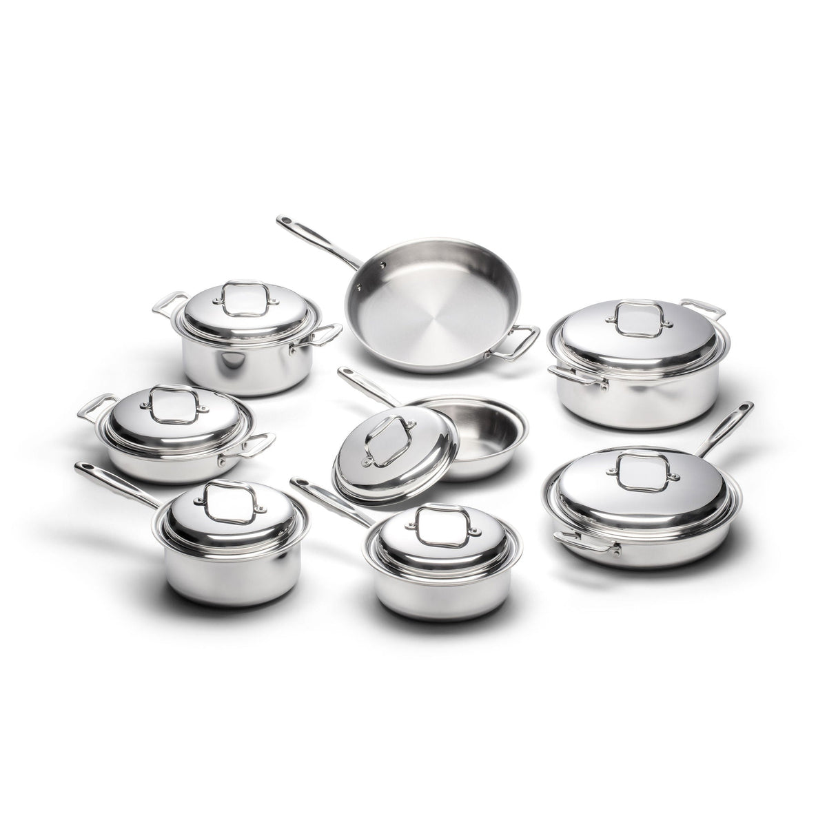 Set of stainless steel cookware on a white background