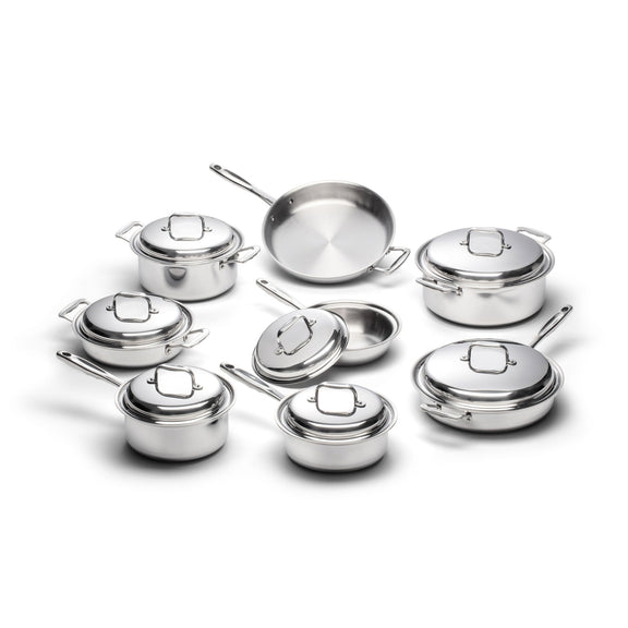 Set of stainless steel cookware on a white background