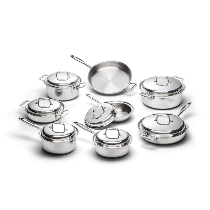 Set of stainless steel cookware on a white background