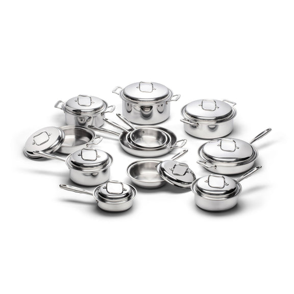 Set of stainless steel cookware on a white background