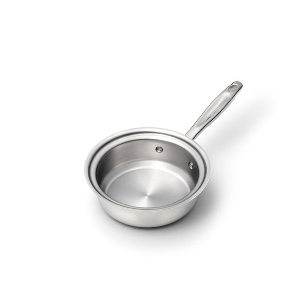 Stainless steel saucepan on a white background