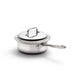 Stainless steel saucepan with lid on a white background