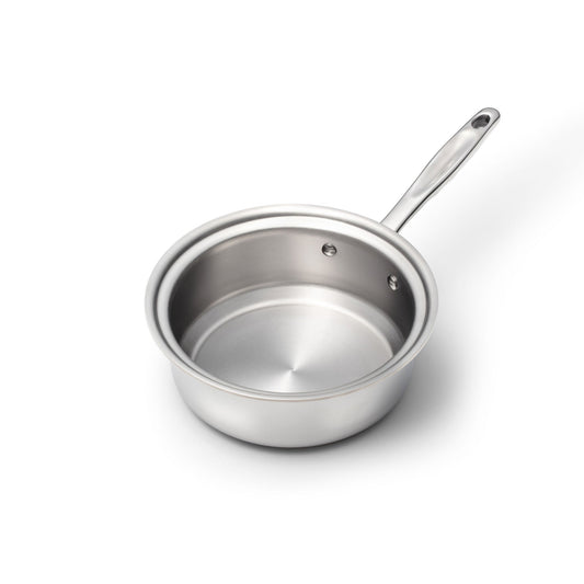 Stainless steel saucepan on a white background