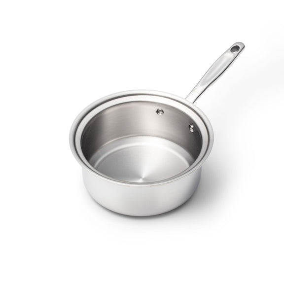 Stainless steel saucepan on a white background