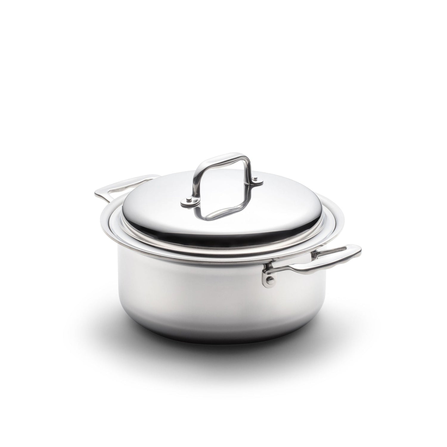 Stainless steel pot with lid on a white background