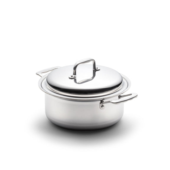 Stainless steel pot with lid on a white background