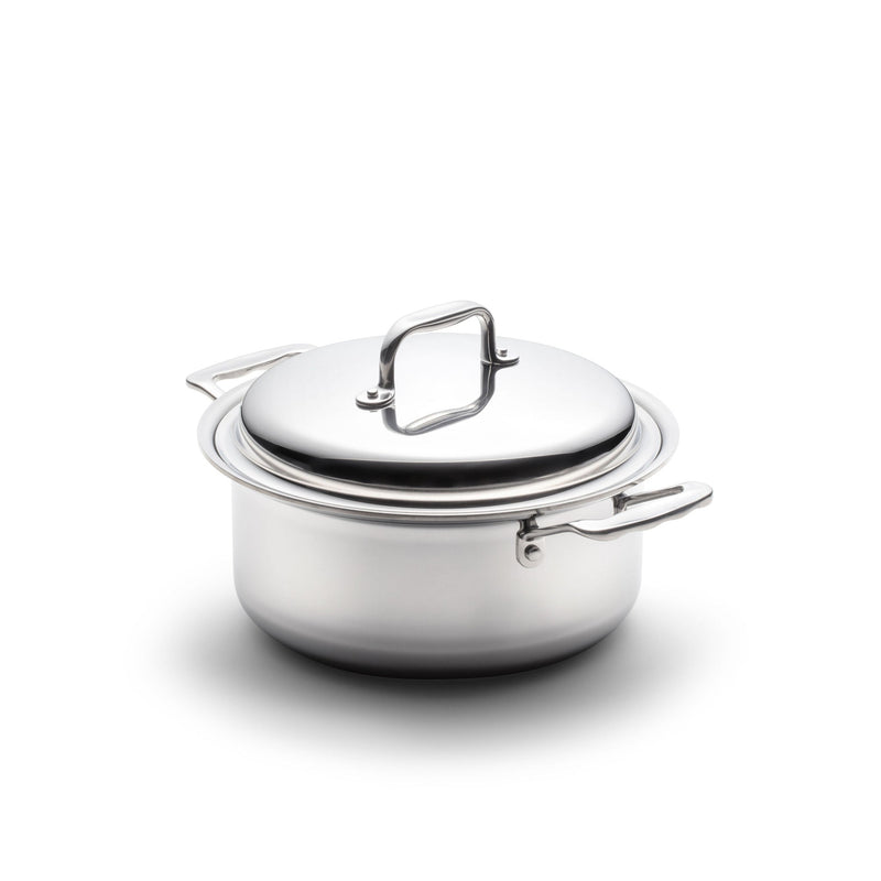 Stainless steel pot with lid on a white background