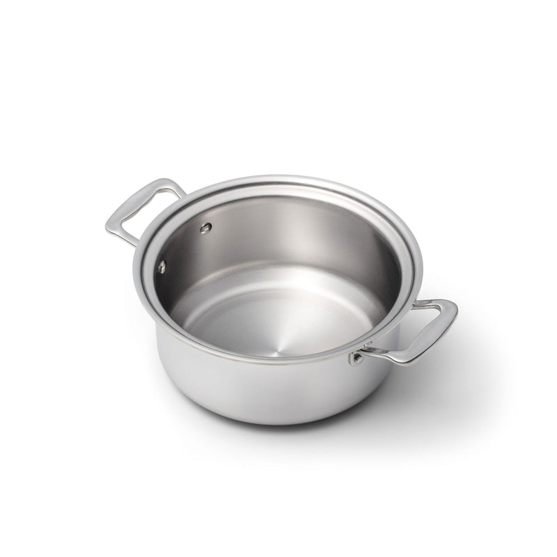 Stainless steel pot with two handles on a white background