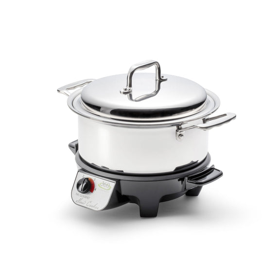 Stainless steel electric hot pot with a lid on a white background