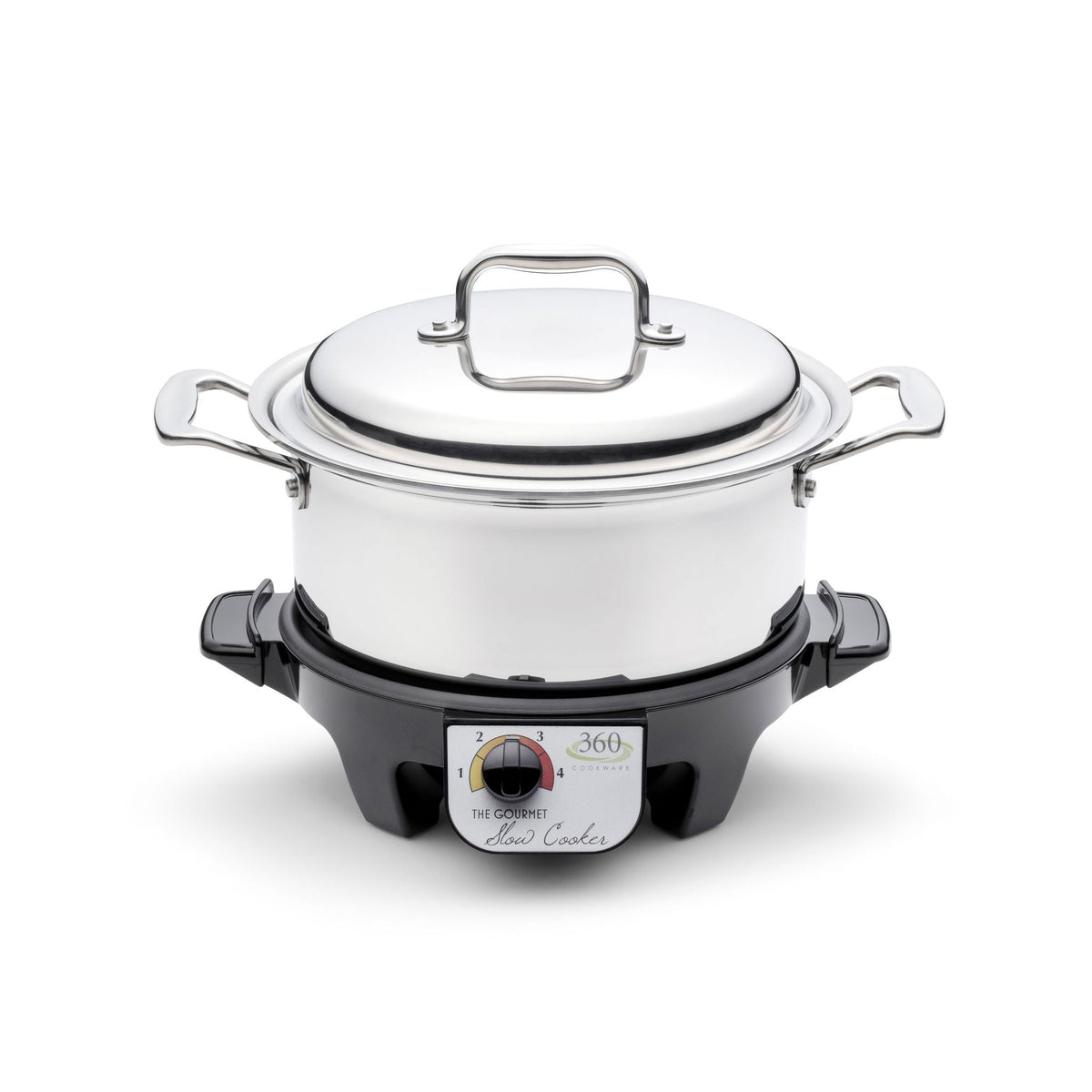 Electric slow cooker with a white base and silver lid on a white background