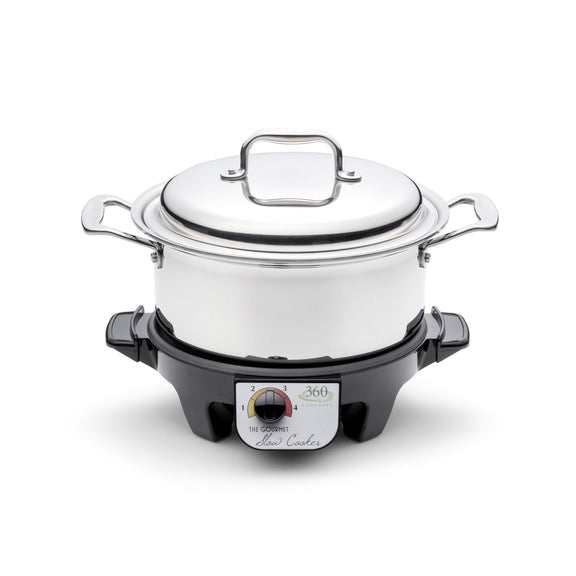 Electric slow cooker with a white base and silver lid on a white background