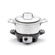 Electric slow cooker with a white base and silver lid on a white background