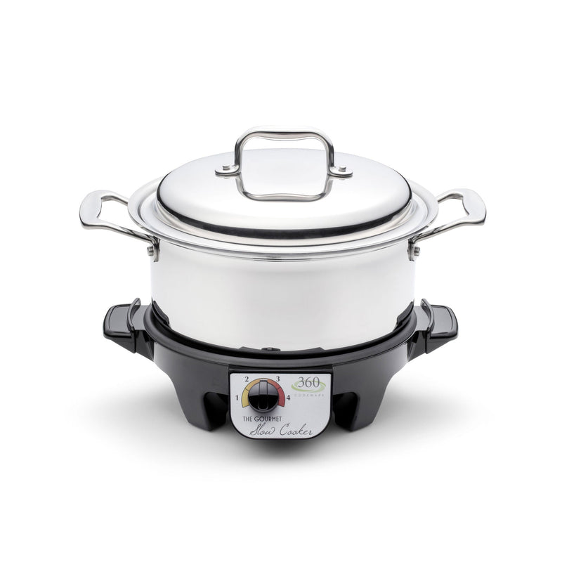 Electric slow cooker with a white base and silver lid on a white background