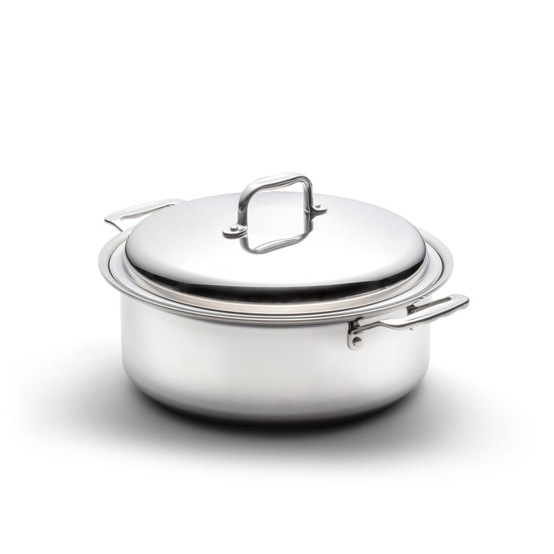Stainless steel pot with lid on a white background
